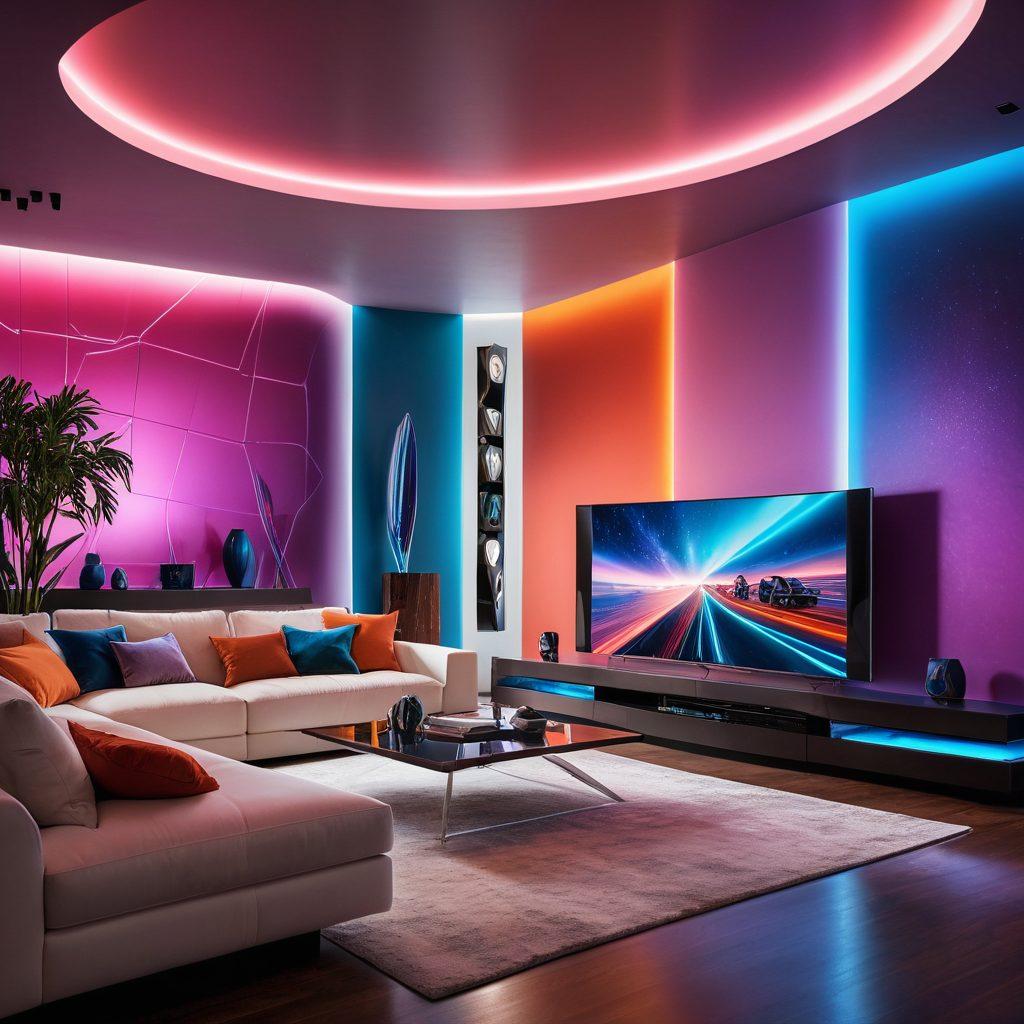 A futuristic living room with a sleek, ultra-modern entertainment setup showcasing various streaming devices displaying colorful screens of diverse content. Include vibrant holographic elements representing virtual reality and interactive programming around the room. The atmosphere should evoke a sense of excitement and innovation. super-realistic. vibrant colors. futuristic style.