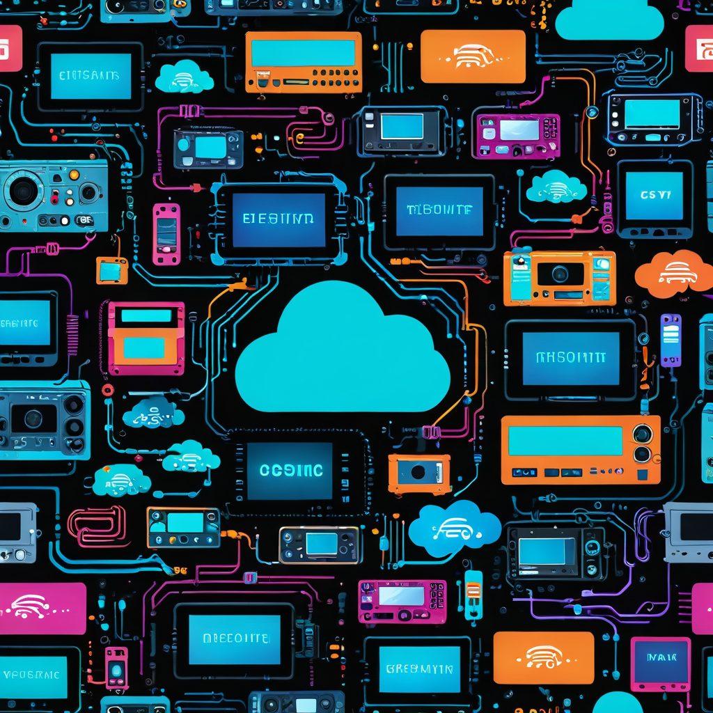A collage showcasing the evolution of entertainment technology, featuring a vintage cable box transitioning into modern cloud computing symbols, with vibrant colors and engaging icons representing streaming and media innovation. Include dynamic elements like film reels and digital clouds interconnected by glowing lines. Bright, futuristic background. super-realistic. vibrant colors. cyberpunk.