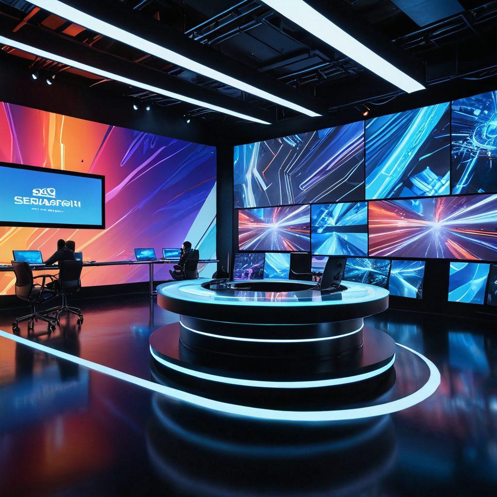 A futuristic broadcasting studio filled with advanced technology, showcasing creators working collaboratively with virtual reality and holographic displays. In the background, screens display captivating content being generated live. The atmosphere is vibrant and dynamic, emphasizing innovation and collaboration in content creation. Elements of digital design and storytelling motifs are integrated throughout the scene. super-realistic. vibrant colors. 3D.